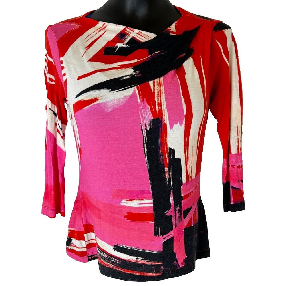ST. JOHN - Women's S Blouse Boat Neck 3/4 Sleeve Abstract Art Print Stretch